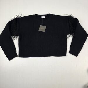 Le Lis Sweater Womens Small Black‎ Feather Trim Cropped Pullover Knit MWT5752